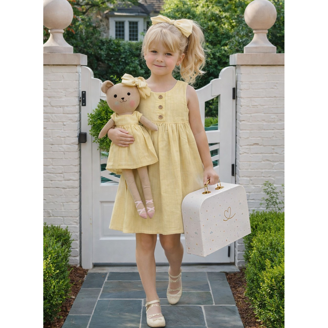 Kit Boneca Ursinha Mel Liso Amarelo + Petit Case