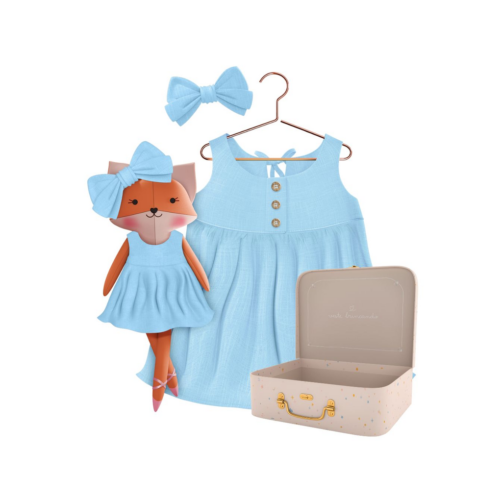 Kit  Boneca Dona Raposa Liso Azul + Petit Case