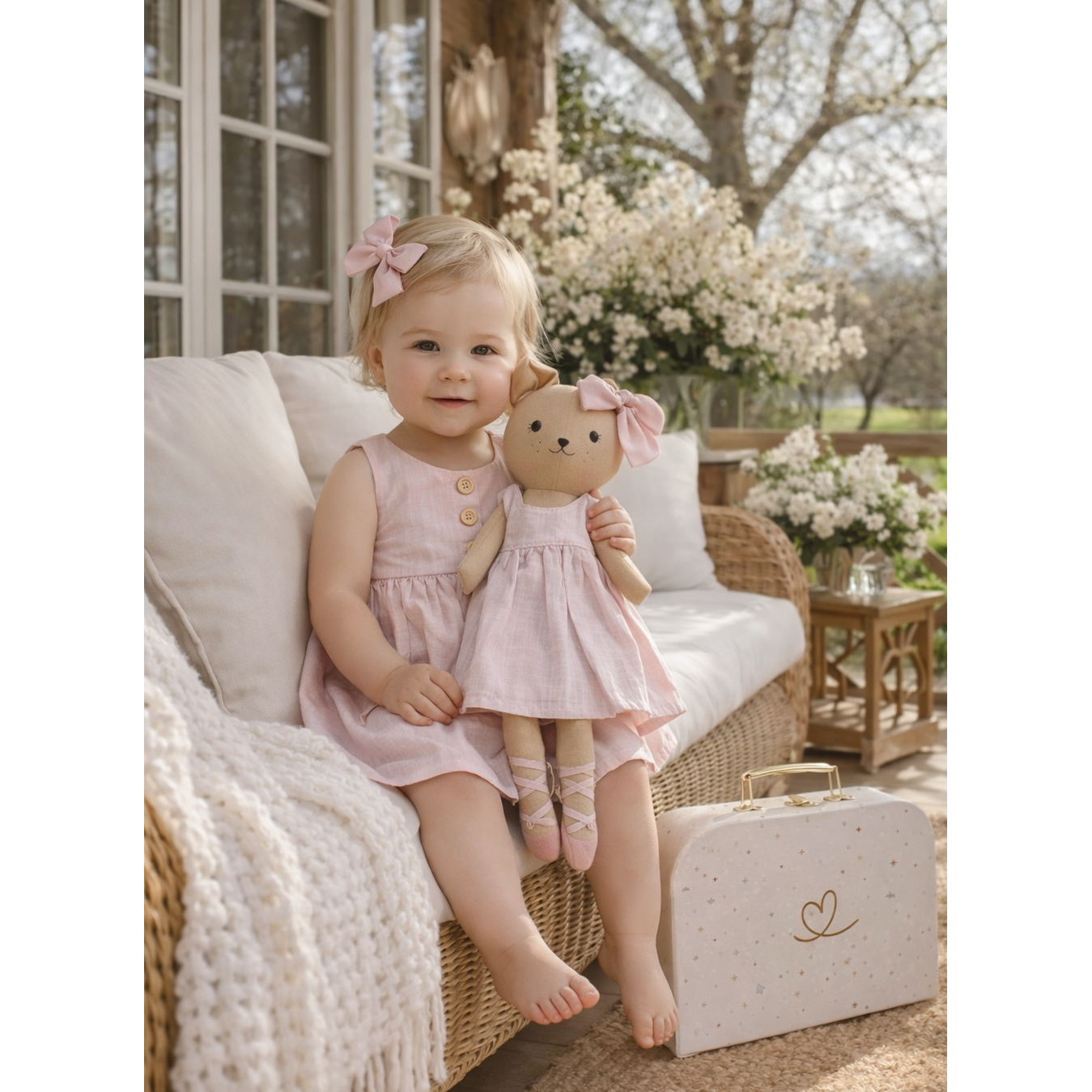 Kit Boneca Ursinha Mel Liso Rosa + Petit Case