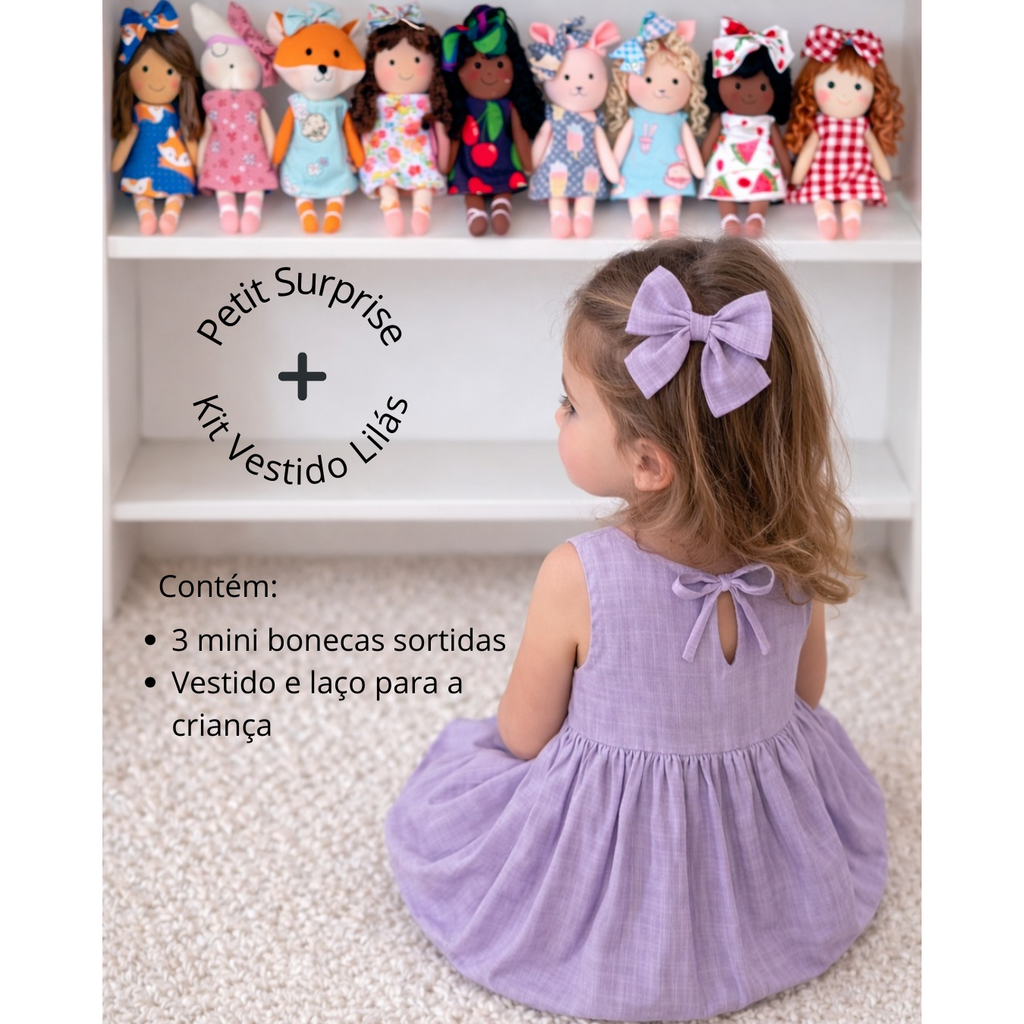 Kit Surpresa (3 bonecas minis sortidas) + Vestido e Laço Lilás