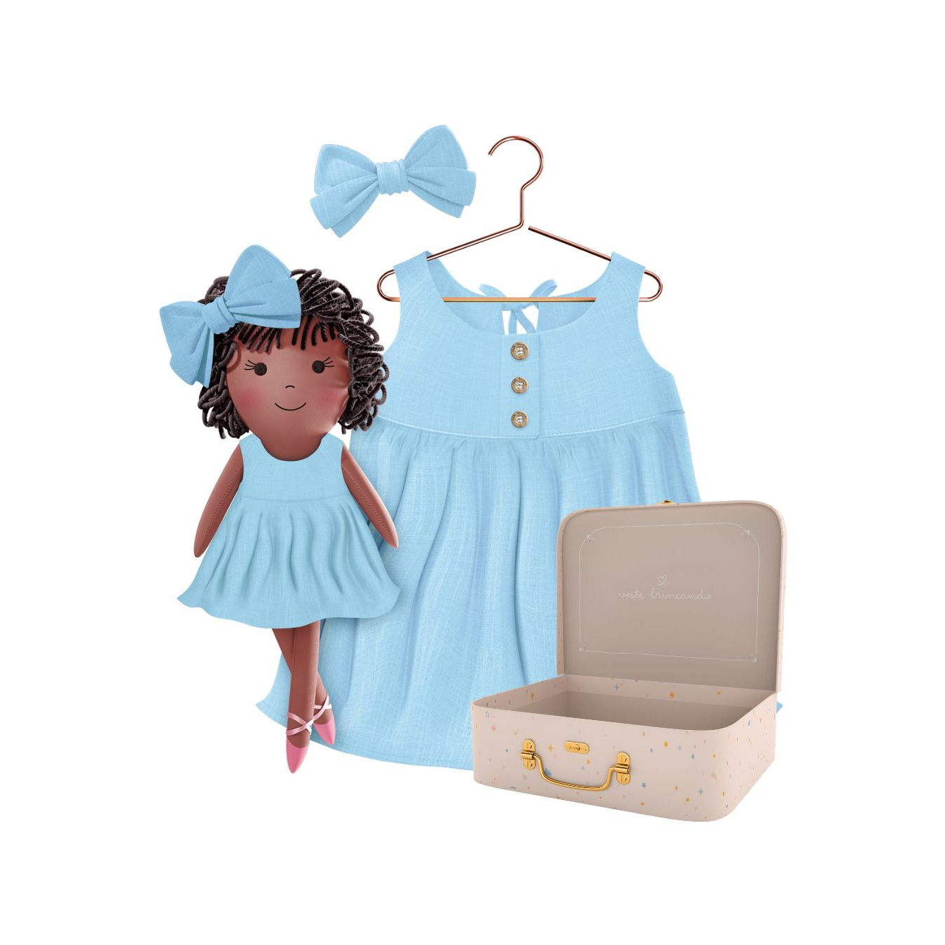 Kit Boneca Bella Liso Azul + Petit Case