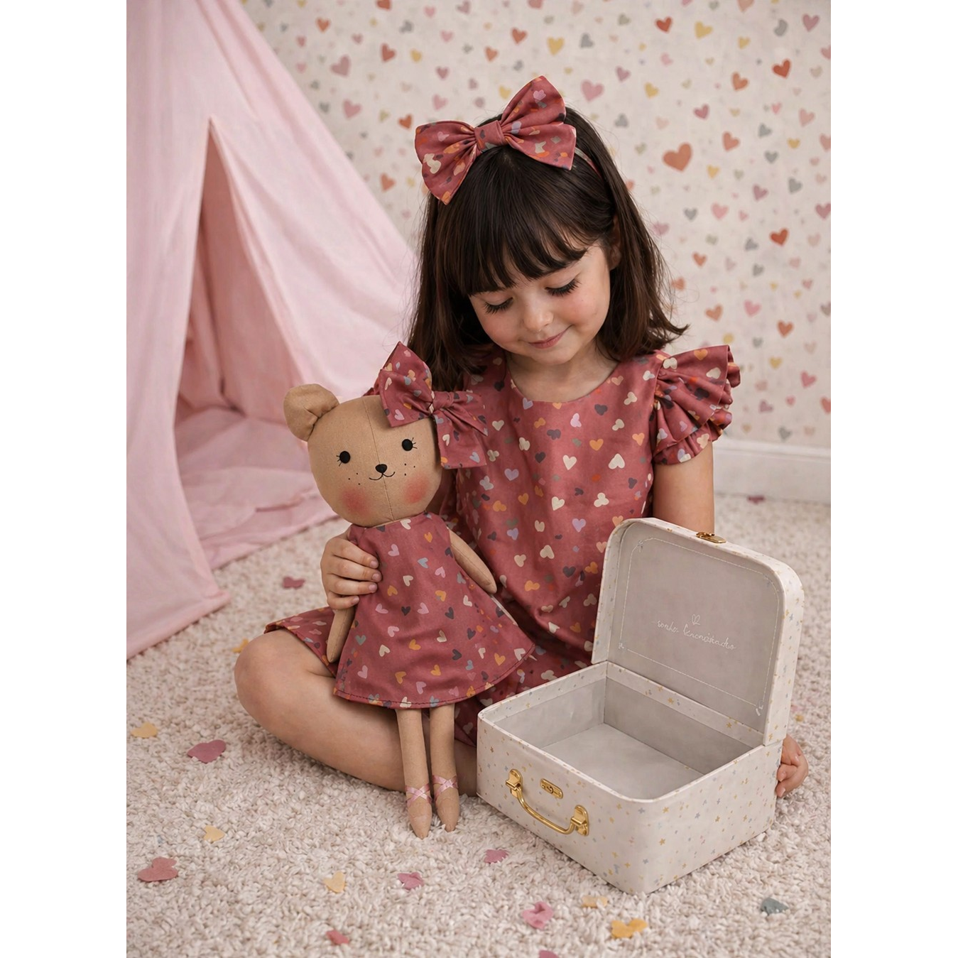 Kit Boneca Ursinha Mel Corações+ Petit Case