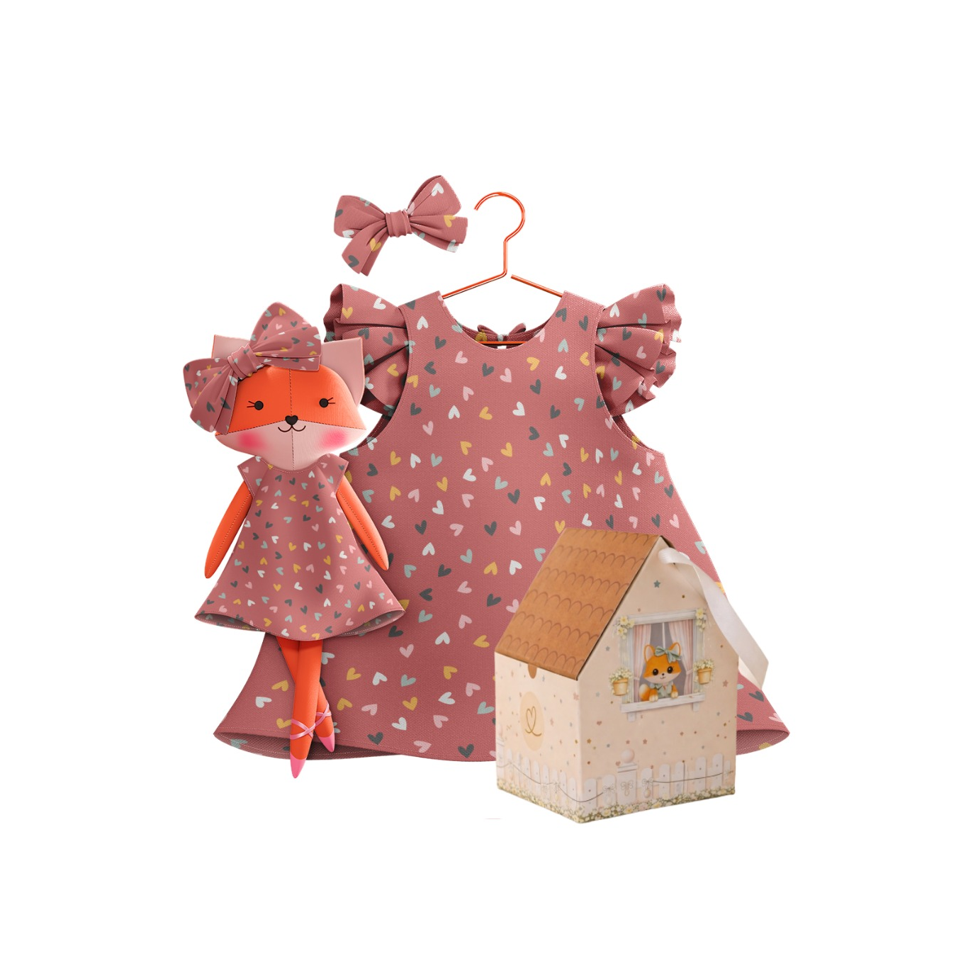 Kit Boneca Dona Raposa Corações