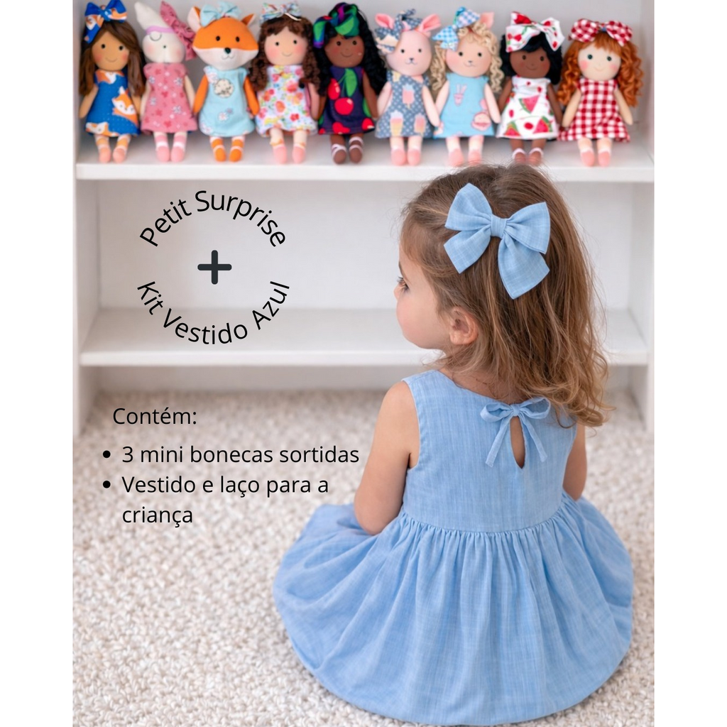 Kit Surpresa (3 bonecas minis sortidas) + Vestido e Laço Azul