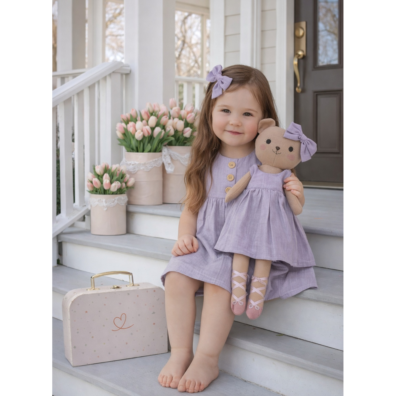 Kit Boneca Ursinha Mel Liso Lilas + Petit Case