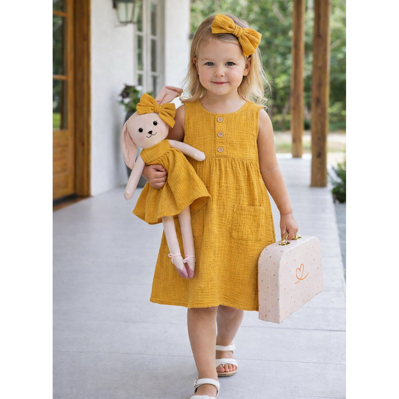 Kit Boneca Coelhinha Chloe Liso Mostarda + Petit Case
