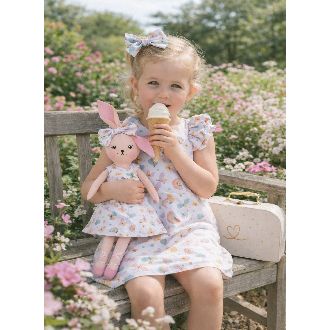 Kit Boneca Coelhinha Chloe Arco iris + Petit Case