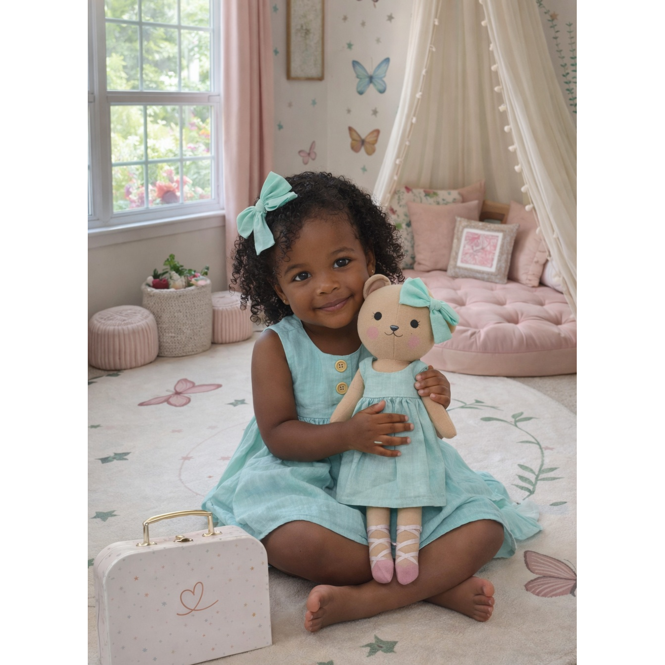 Kit Boneca Ursinha Mel Liso Verde + Petit Case
