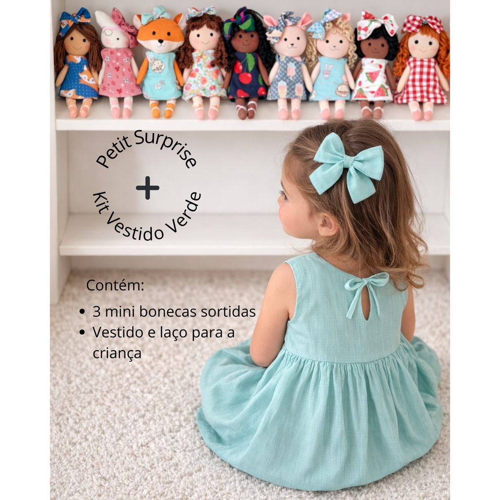 Kit Surpresa (3 bonecas minis sortidas) + Vestido e Laço Verde