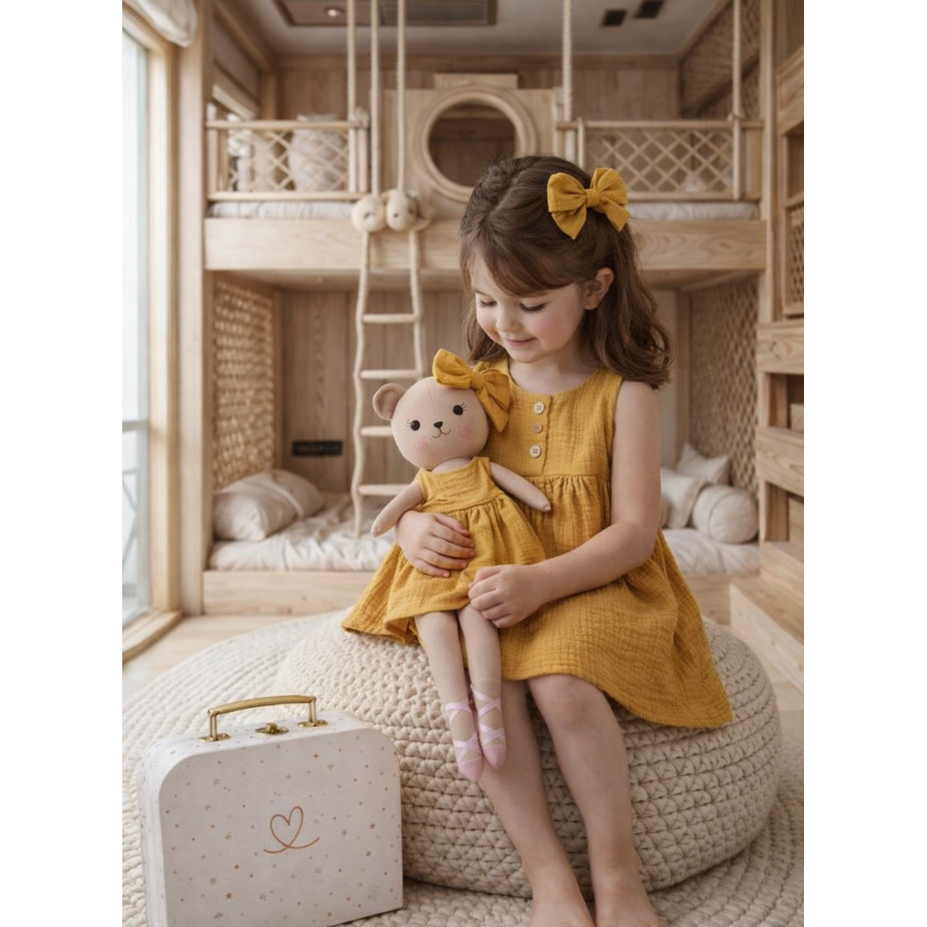 Kit Boneca Ursinha Mel Liso Mostarda+ Petit Case