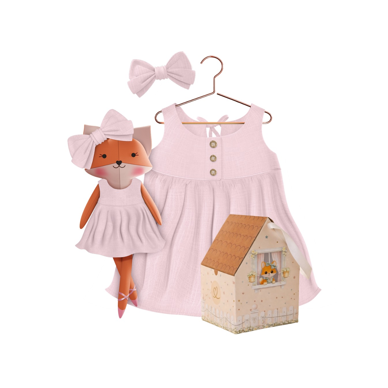 Kit Boneca Dona Raposa Liso Rosa
