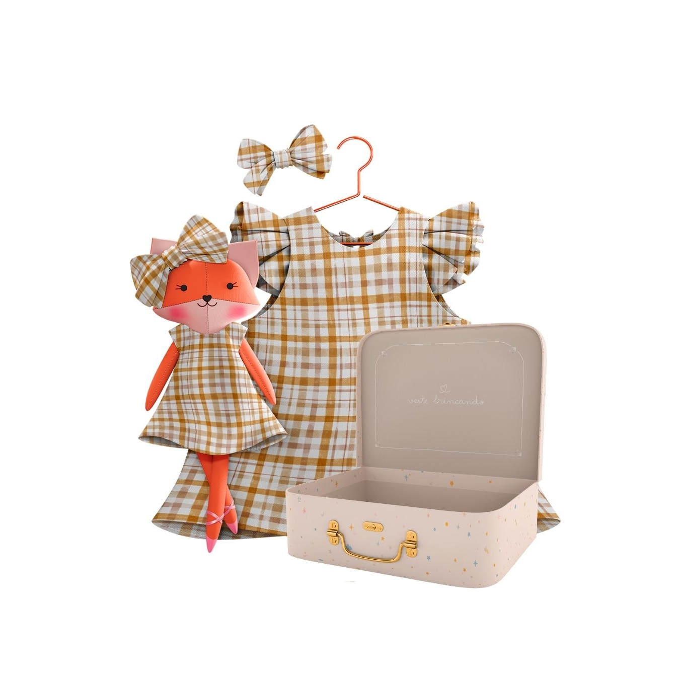 Kit Boneca Dona Raposa Xadrez + Petit Case