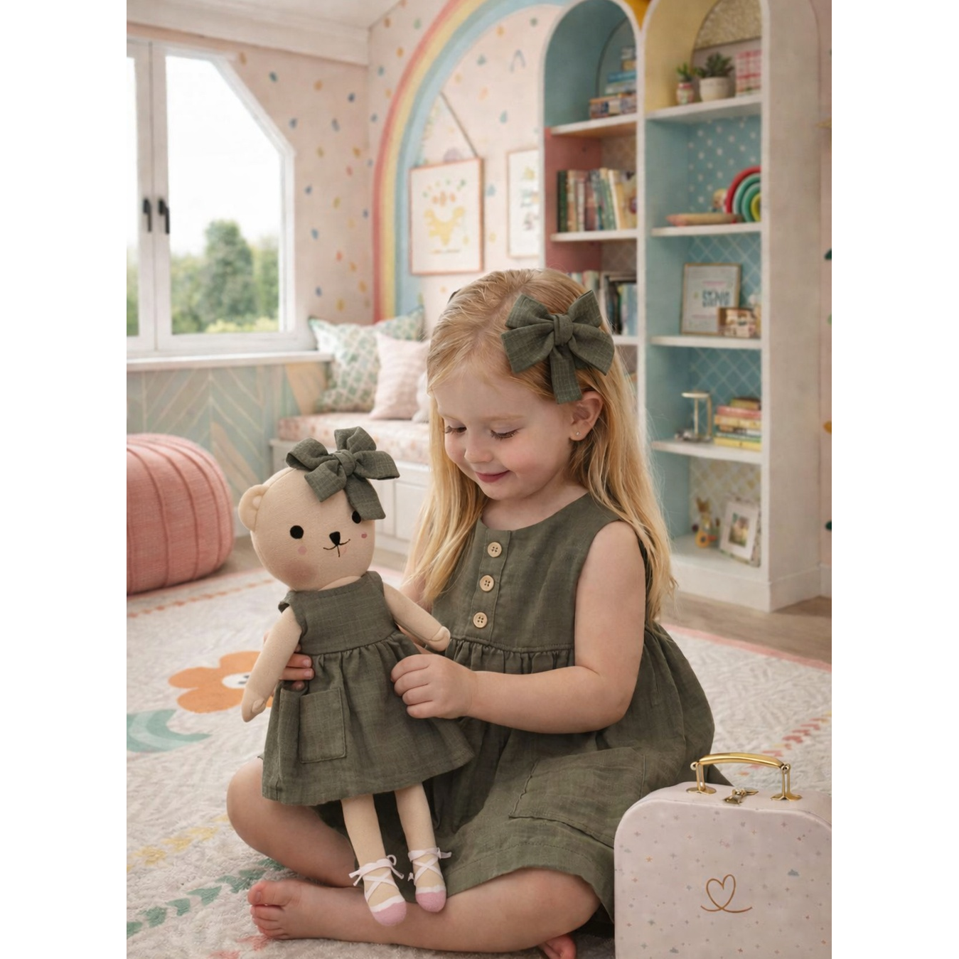 Kit Boneca Ursinha Mel Liso Verde Oliva + Petit Case